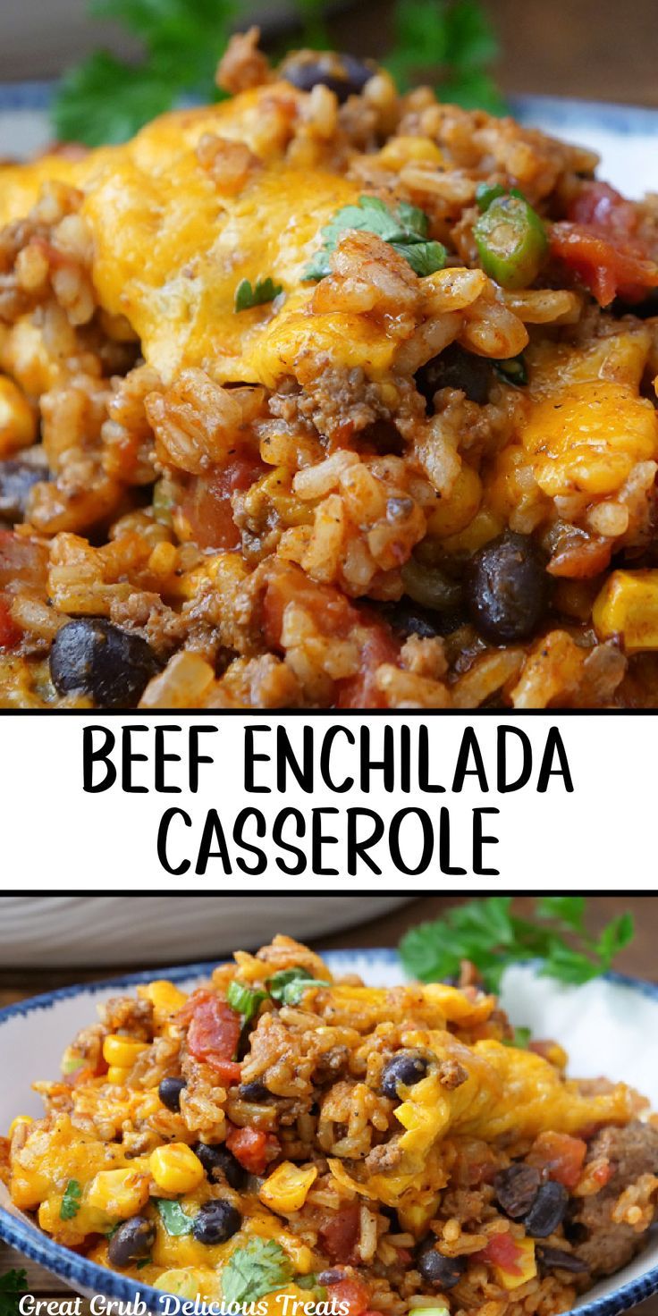 A double collage photo of beef enchilada casserole. Enchilada Casserole With Rice, Beef Enchilada Sauce, Casserole With Rice, Beef Enchilada Casserole, Corn And Rice, Beef Enchilada, Beef Casserole Recipes, Enchilada Casserole, Beef Recipes Easy