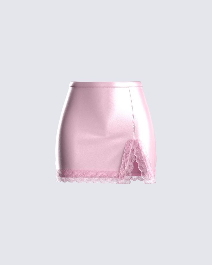 Eris Pink Lace Trim Skirt Pink Satin Skirt, Lace Trim Skirt, Pink Lace Skirt, Pink Wardrobe, Baby Ballerina, White Corset Top, White Crop Tank, Pink Mini Skirt, White Corset