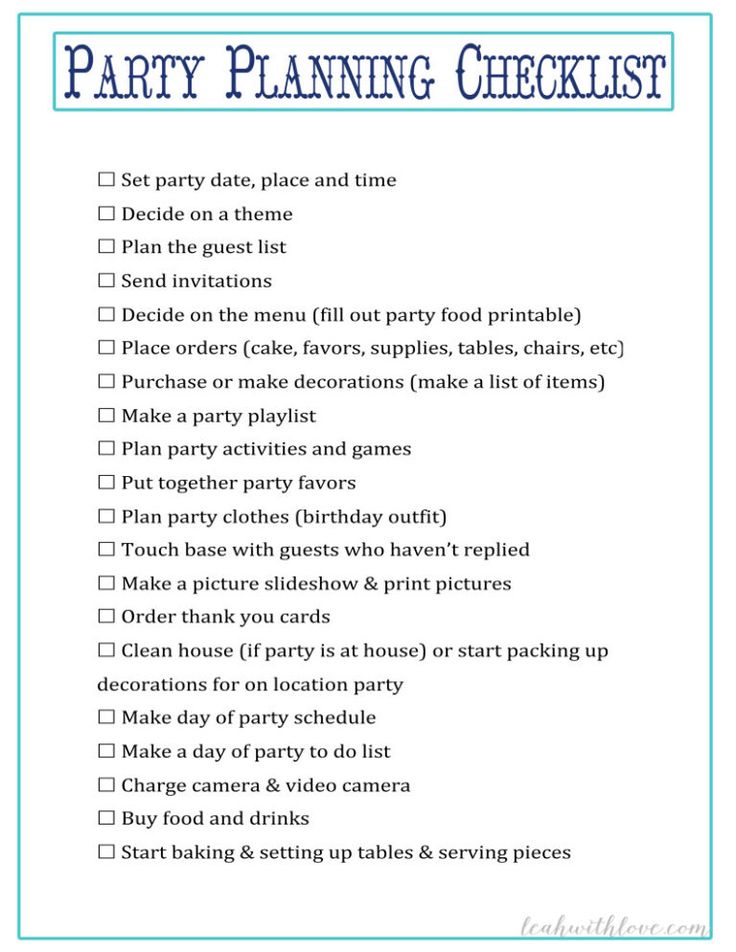 the party planning checklist is shown in blue and white, with text on it