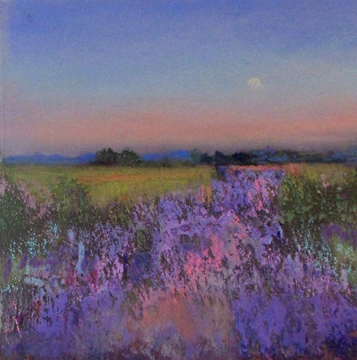 an oil painting of purple flowers in a field