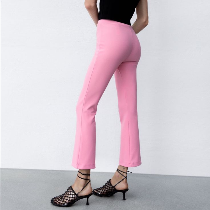 Genuine Zara New With Tag Color: Bubble Gum Pink High Waisted, Comfortable Ribbed Leggings In Bright Pink Shade Stretchy With 4% Elastane. Wear With Basic Color Top Chic High Stretch Pink Bottoms, Summer Elastane Leggings, High Waist High Stretch Pink Pants, High Waist Pink Elastane Bottoms, Spring High Waist Fitted Leggings, Spring High-waist Fitted Leggings, High-waisted Fitted Leggings For Spring, Fitted Leggings For Summer, Trendy Fitted Pants In Solid Color