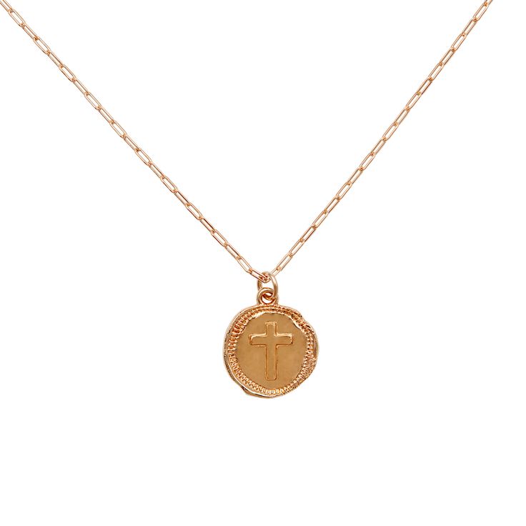 Cross Coin Necklace, cross necklace – Joolz by Martha Calvo Rose Gold Round Jewelry With Box Chain, Rose Gold Pendant Necklace With Box Chain, Timeless Rose Gold Chain Necklace Gift, 14k Gold Medallion Necklace With Box Chain, Rose Gold Necklace With Box Chain, Rose Gold Medallion Necklace Tarnish Resistant, Rose Gold Round Necklace With Box Chain, Rose Gold Tarnish-resistant Medallion Necklace, Round Rose Gold Necklace With Box Chain