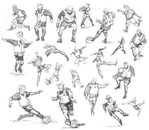 a bunch of sketches of people playing soccer