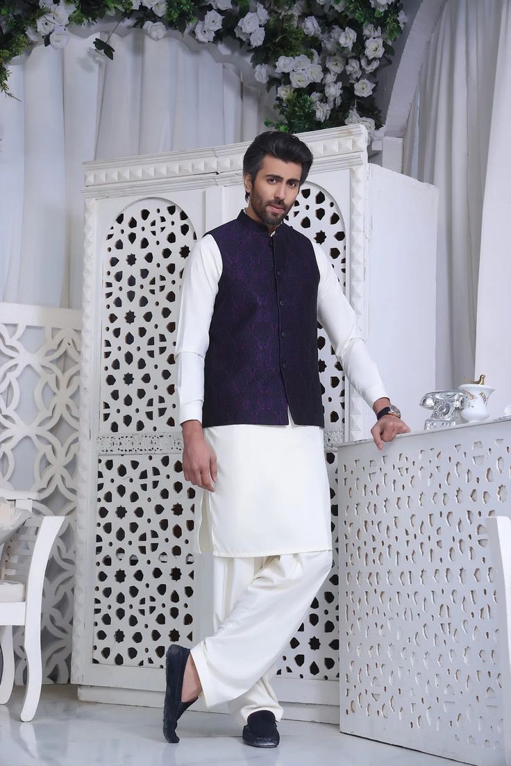 Premium Atlas Blended Fabric  Color Purple Waist Coat Self Print Italian Thread  Metal Buttons Finest Stitch Branded Design Custom Sizes are also available. Elegant White Chanderi Nehru Jacket, White Chanderi Bandhgala With Cutdana, Wedding Nehru Jacket In Chanderi With Cutdana, Traditional Chanderi Bandhgala For Formal Occasions, White Chanderi Bandhgala For Transitional Season, Semi-stitched White Nehru Jacket For Designer Wear, White Chanderi Nehru Jacket With Chikankari Embroidery, Nikah Outfit For Men, Elegant Chanderi Nehru Jacket With Pallu