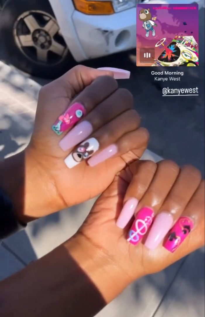 Kanye West Nails, Nail Tech Graduation, Album Cover Nails, Kanye West Bear, High School Graduation Pictures, Angela Anderson, Graduation Album, Pretty Vibes, Graduation Bear