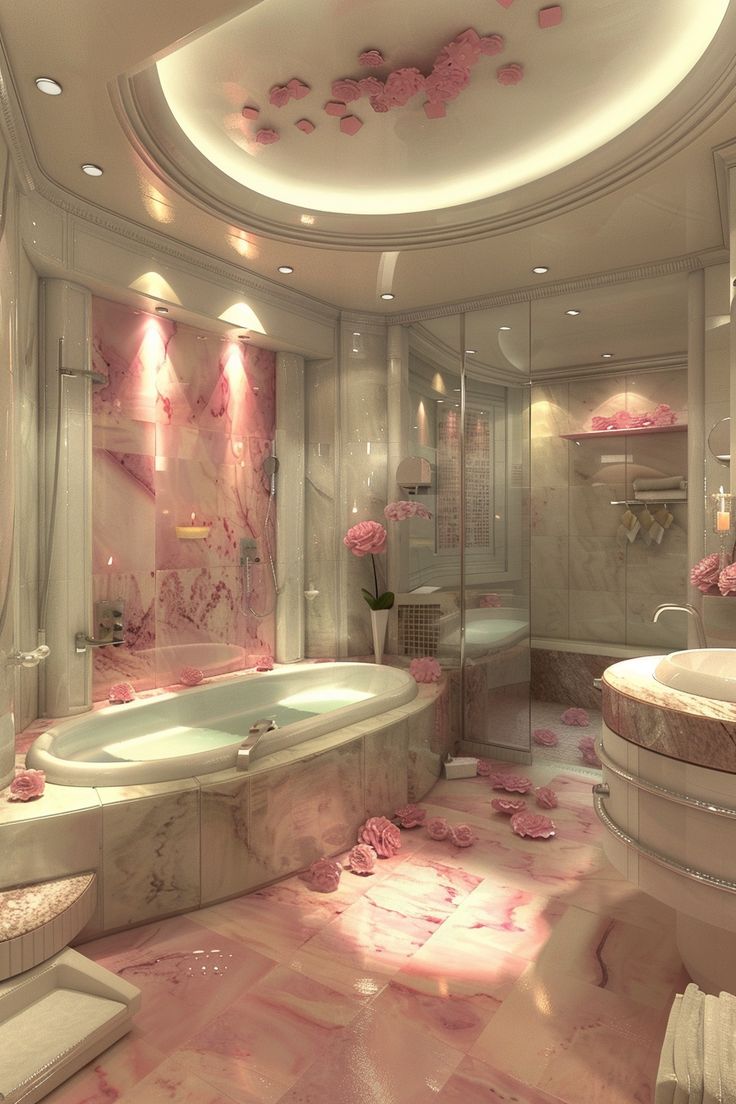 a fancy bathroom with pink flowers on the floor and bathtub in the center,