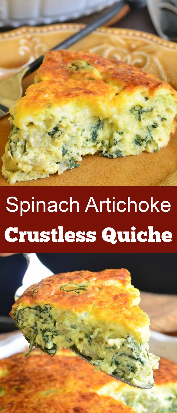 spinach artichoke crustless quiche on a plate