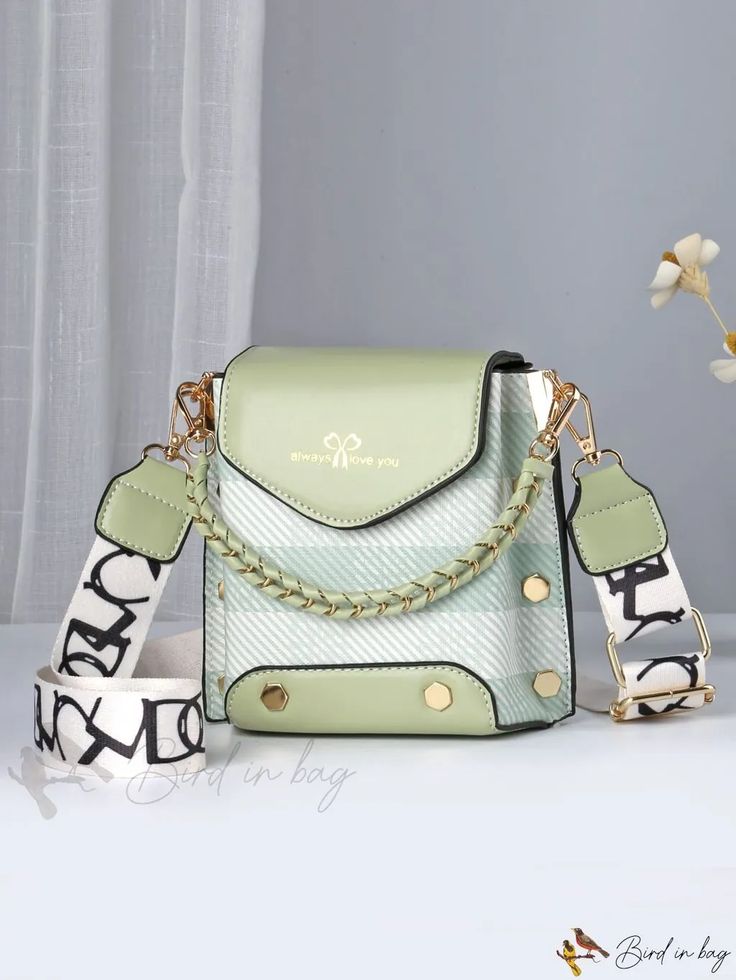 Bird in Bag - Mini Plaid Coated Body Bag with Color Block Design and Metallic Chain Chic Green Shoulder Bag For School, Trendy School Bag With Chain Strap, Green Shoulder Bag With Chain Strap As Gift, Green Shoulder Bag For Spring, Green Shoulder Bag For Spring Fashion, Casual Green Bag With Chain Strap, Spring Green Shoulder Bag With Chain Strap, Green Shoulder Bag With Chain Strap For Spring, Green Square Bag With Chain Strap