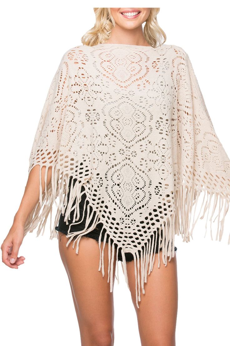 It is the perfect layer over nearly everything in your closet piece. We love the open lace effect knit pattern with cute fringe edge finish. This poncho will layer over nearly everything in your closet. One size fits most Easy Fit 100% soft hand acrylic knit Imported ﻿ALL SALES FINAL Beach Knit, Beach Poncho, Cute Fringe, Subtle Luxury, Fringe Vest, Knit Poncho, Knitted Poncho, Knit Pattern, Soft Hands