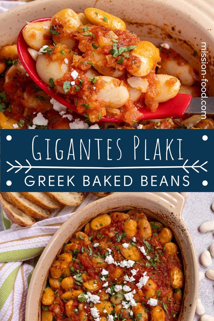 two pictures with different types of baked beans in them and the words, giani's plaki greek baked beans