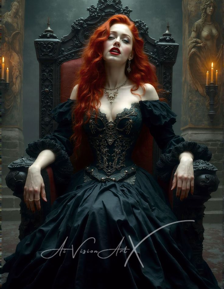 a woman with red hair is sitting on a throne in a black dress and holding her hands behind her back