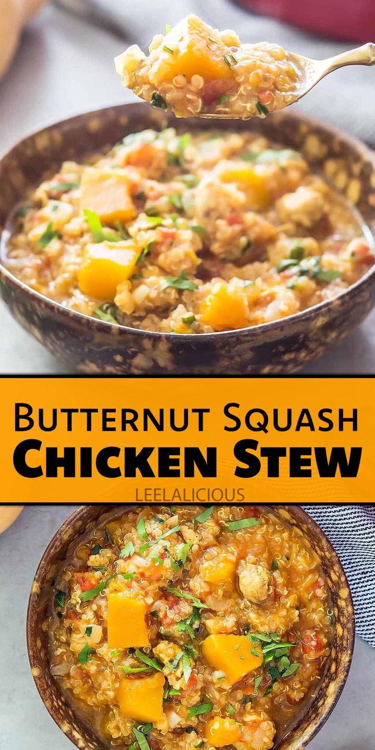 butternut squash chicken stew in a brown bowl with a spoon full of it and the title overlay reads butternut squash chicken stew