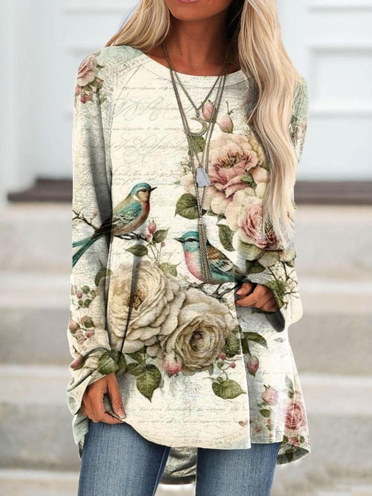 Casual Patterned Long Sleeve Tops, Casual Floral Print Tops For Winter, White Floral Print Long Sleeve Tops, Multicolor Long Sleeve Tops For Spring, Long Sleeve Multicolor Print Blouse, Bohemian Long Sleeve Floral Print Top, Multicolor Floral Print Long Sleeve Tops, Multicolor Tops With All Over Print For Spring, Spring Multicolor Tops With All Over Print