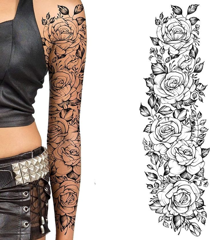 a woman with tattoos on her arms and arm sleeve is shown next to an image of roses