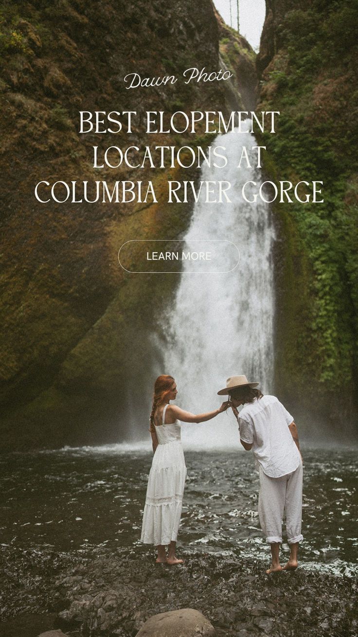 two people standing in front of a waterfall with the caption best development locations at columbia river gorge