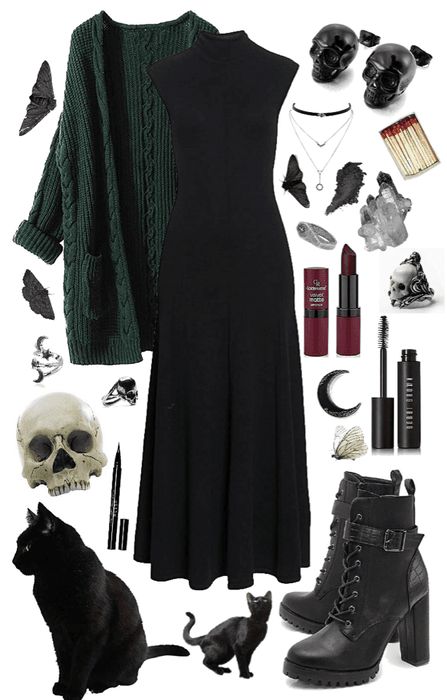 All Black Witch Outfit, Green Witch Outfit Modern, Witch Fashion Modern, Witchy Aesthetic Clothing, Witch Outfit Modern Aesthetic, Witches Of East End Outfits, Witchy Everyday Outfits, Witch Vibes Aesthetic Outfit, Halloween Work Outfit Ideas