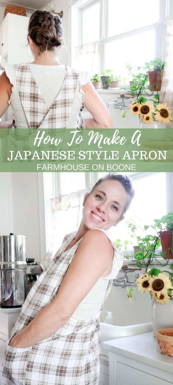 two pictures of a woman in the kitchen with sunflowers