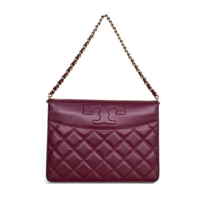 Tory Burch Savannah Clutch / Crossbody Bag Still In Its Original Packaging 61501 1119 Color Imperial Garnet / 609 (Burgundy) Quilted Leather Chain Strap Adjustable/Detachable Crossbody Leather *Strap Gold-Tone Hardware Quilted Leather 3 Interior Pocket Magnetic Fastening Dimensions: L26.5cm X H19cm X W3cm Luxury Tan Pouch Shoulder Bag, Luxury Burgundy Shoulder Bag With Gold-tone Hardware, Luxury Burgundy Crossbody Bag, Burgundy Evening Crossbody Flap Bag, Elegant Tote Flap Bag With Chain Strap, Elegant Red Tote Flap Bag, Designer Burgundy Bag With Detachable Strap, Luxury Burgundy Crossbody Shoulder Bag, Luxury Burgundy Satchel Shoulder Bag