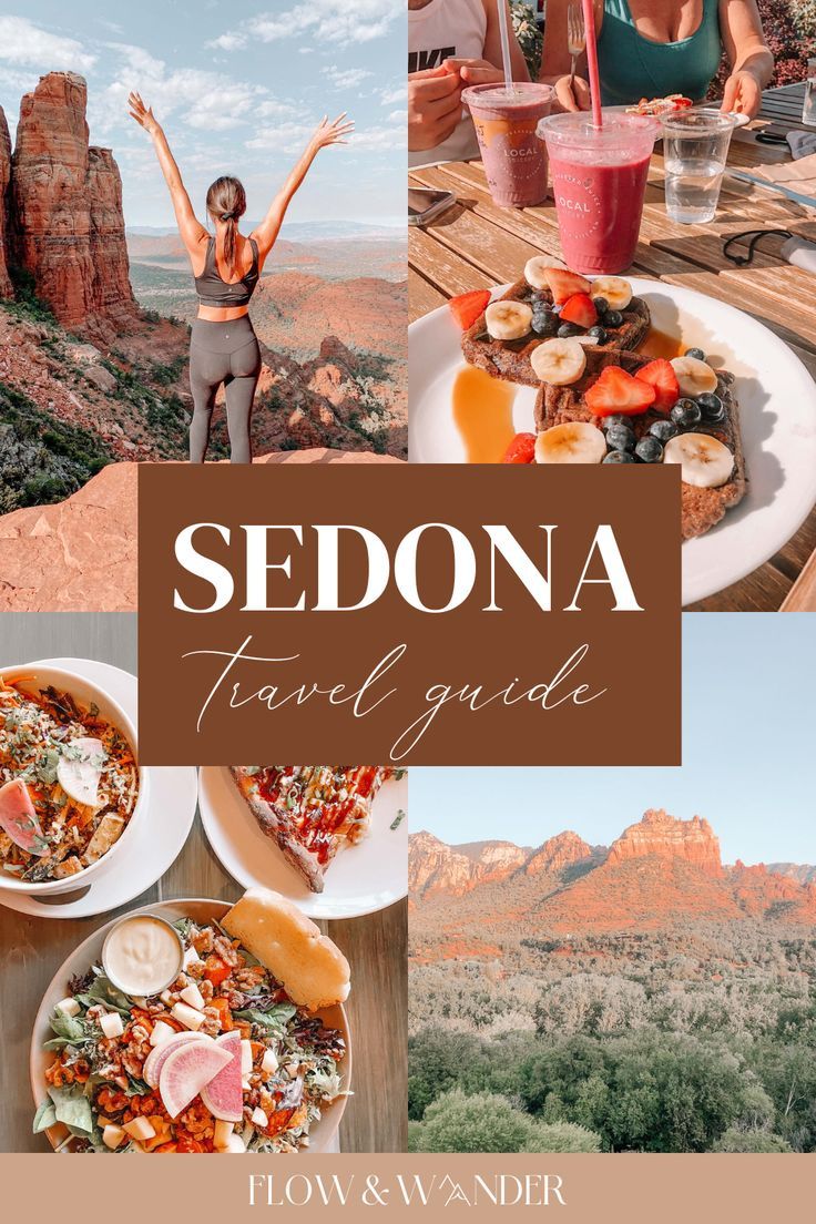 sedona travel guide with photos of people eating and drinking at the same time