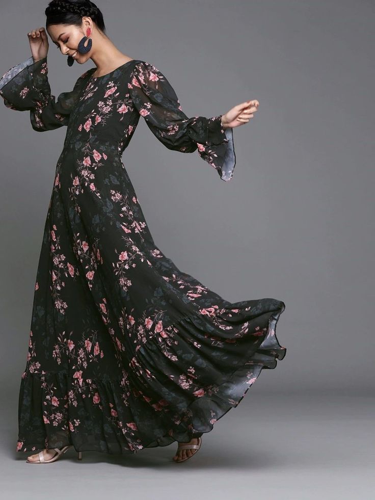 Floral Black Georgette Partywear Maxi Dress - inddus-us Floral Print Floor-length Maxi Dress For Party, Floor-length Floral Maxi Dress For Party, Elegant Black Floral Maxi Dress, Elegant Floor-length Floral Party Dress, Chiffon Floral Print Party Gown, Party Chiffon Gown With Floral Print, Party Floral Print Chiffon Gown, Festive Bohemian Georgette Maxi Dress, Eid Evening Floor-length Maxi Dress