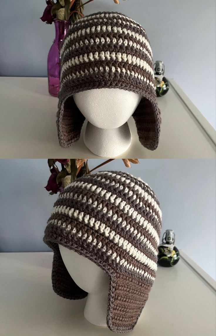 two pictures of a crocheted hat on top of a mannequin head