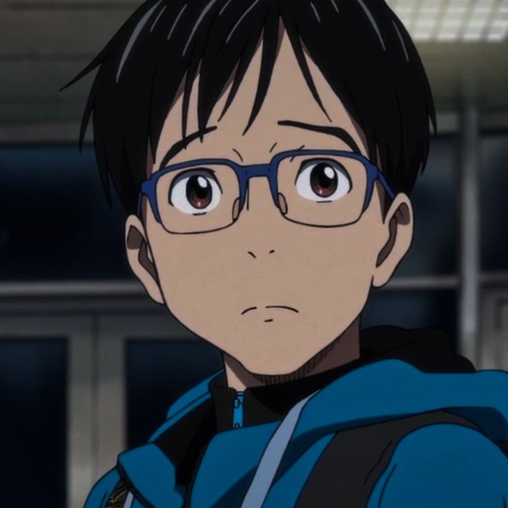 an anime character with glasses and a backpack on his shoulder, staring at the camera