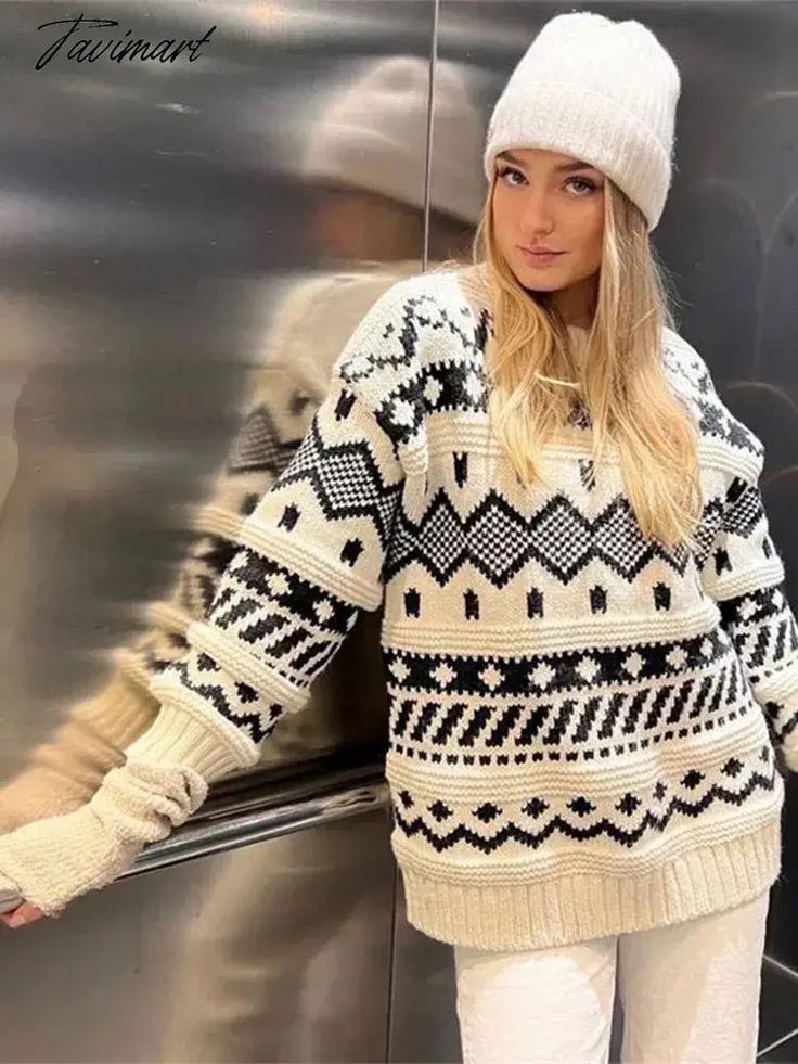 TAVIMART Vintage Women Knit Print Warm Autumn O-neck Jumper Long Sleeve Loose Elegant Casual Girls Pullover Sweater Winter Chic Knitwears