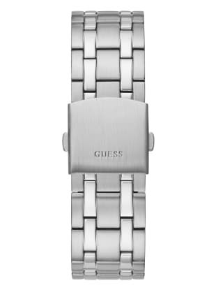 Everyday, elevated. This sleek silver-tone watch features a modern multifunctional dial with minimalist hour markers and day, date and 24-hour international time functions. Finished by a polished link bracelet. Case diameter in mm: 44 Water resistant up to 50M/165FT 2 year limited warranty Modern Silver Watches With Rectangular Dial, Modern Silver Watch With Rectangular Dial, Modern Silver Watch Accessories With Subdials, Silver Stainless Steel Watch For Business, Modern Silver Chronograph Watch, Silver Stainless Steel Business Watches, Modern Silver Watches With Subdials, Modern Silver Chronograph Watch With Round Dial, Modern Silver Chronograph Watch In Stainless Steel