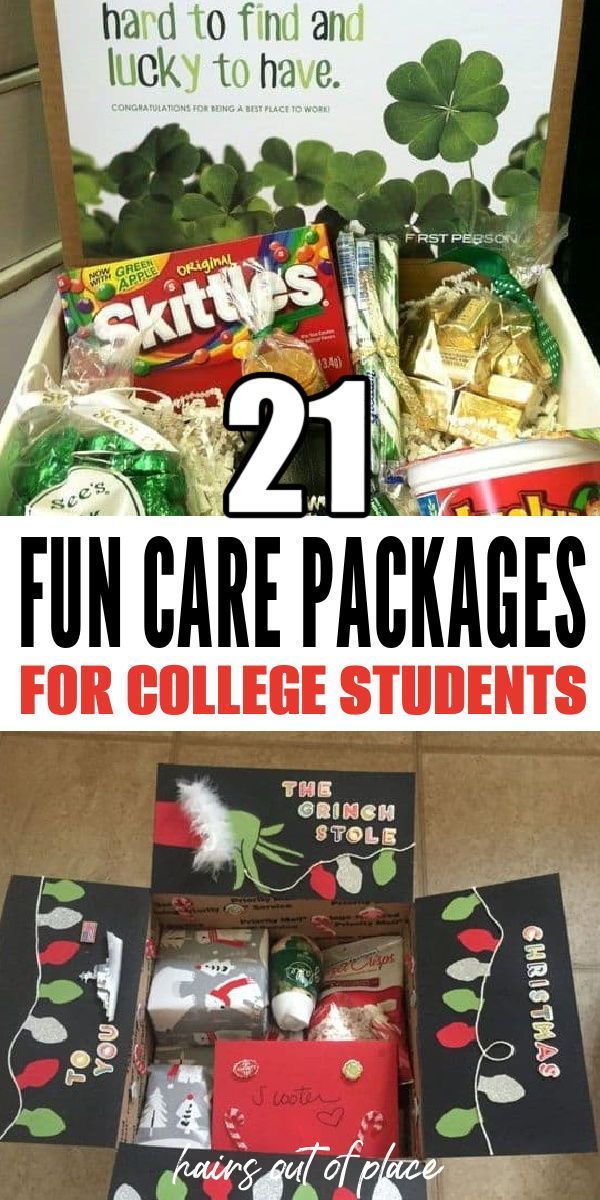 two pictures with the words 21 fun care packages for college students on them and an image of