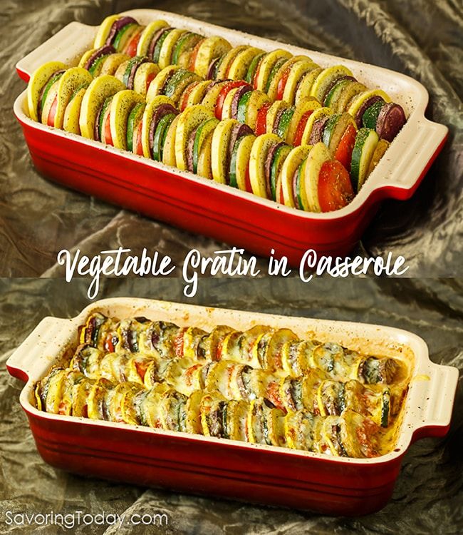 two red casserole dishes filled with vegetables on top of each other and the words vegetable gratin in curssore above them