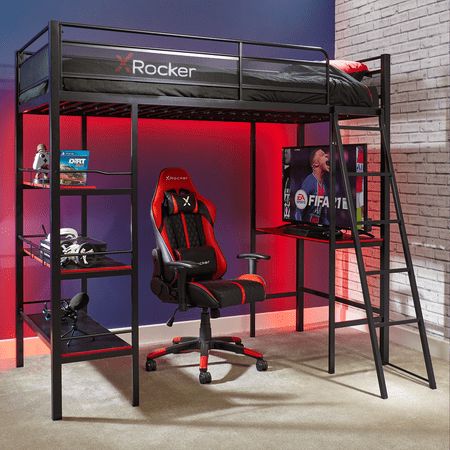 a loft bed with a desk underneath it and a gaming chair under the top bunk