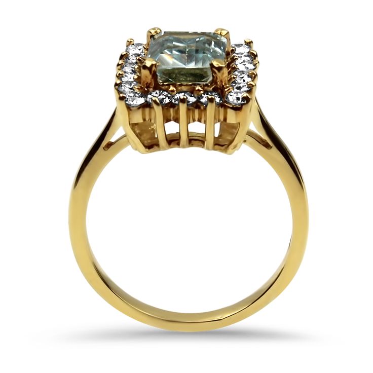 Exuding refinement, this 18K yellow gold ring is adorned with an emerald-cut Aquamarine weighing 1.10cts. The aquamarine, boasting a very slightly greenish-blue hue, measures 7.50 x 6.05 x 3.23mm and is set with four prongs. Enhancing its allure is a rectangular halo of 18 full-cut diamonds, collectively weighing 0.54ct., with VS to SI internal clarities and "near colorless" shades of "H" to "I". The open-backed mounting with gallery-worked undercarriage allows light to play through, ensuring go Yellow Gold Square-cut Emerald Promise Ring, Yellow Gold Emerald Ring For Promise With Square Cut, Gold Emerald-cut Ring With Halo, Yellow Gold Ring With Green Amethyst And Accent Stones, Fine Jewelry Gold Sapphire Ring With Radiant Cut, Square Cut Emerald Ring In Yellow Gold For Promise, Timeless Emerald-cut Topaz Ring In Yellow Gold, Timeless Emerald Cut Yellow Gold Topaz Ring, Gold Sapphire Ring With Emerald Cut And Halo Setting