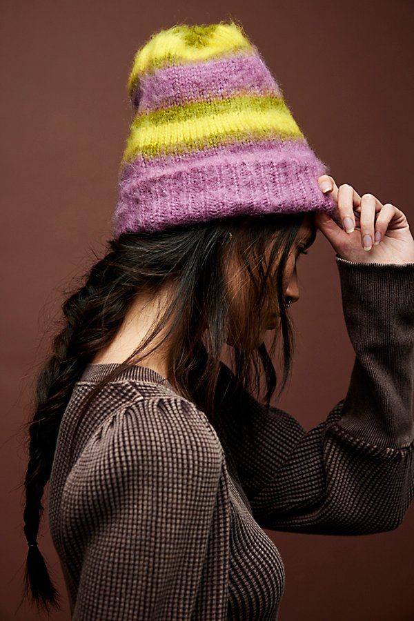 Forever cool and classic, this super cozy beanie is featured in a staple silhouette and soft, fuzzy fabrication with colorful striping throughout for the perfect vintage-inspired touch. | The Groove Stripe Beanie by Free People in Yellow Fuzzy Crochet, Cool Beanies, Yellow Beanie, Cozy Beanie, Striped Beanie, Something In The Way, Beanie Hats For Women, Striped Beanies, Women's Beanie