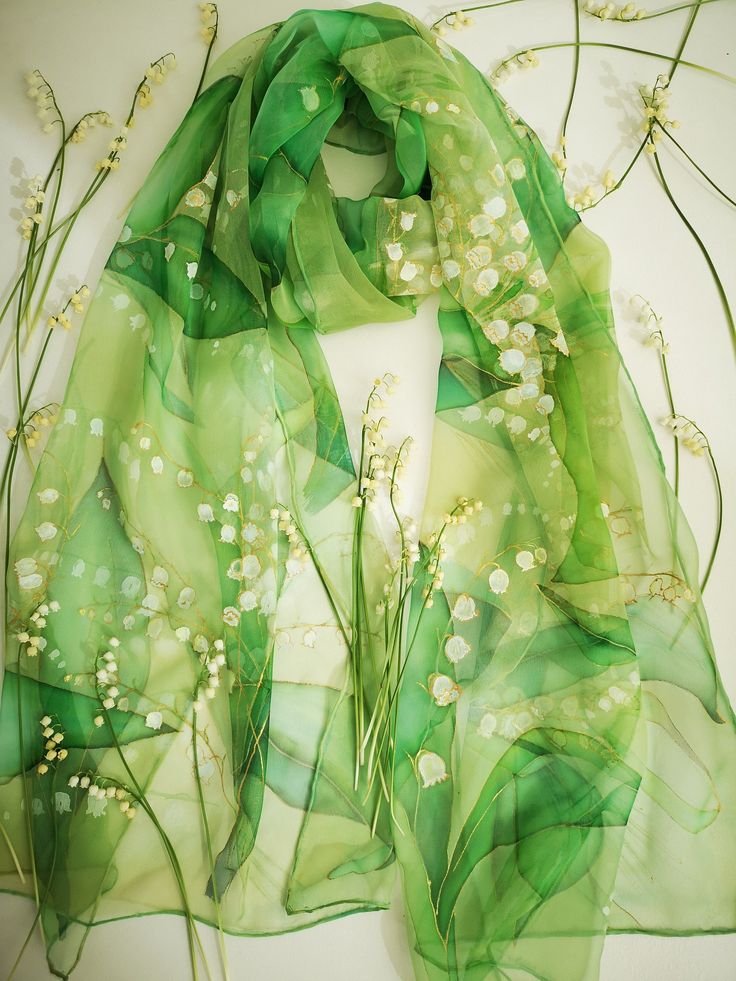 Glamourous Hand painted silk chiffon scarf - Lilies of The Valley in green. Beautiful wild flowers lovely laid out through all length long. This design Scarf is MADE TO ORDER and available in 2 SQUARE and 5 OBLONG sizes (with butterflies or without): 21*x21 inches (55x55cm)- Very small square. Can serve as a kerchief; wrist, head or bag band. 35*35 inches (90*90cm) -Possible various combinations of twisting on neck/chest. XS---59x15 inches (150x40 cm)- quite Small scarf. This size is good who li Green Dupatta For Wedding In Spring, Elegant Green Scarves For Spring, Summer Floral Print Green Dupatta, Elegant Green Summer Scarves, Elegant Green Scarves For Summer, Green Floral Print Dupatta For Summer, Green Bohemian Silk Scarf With Floral Print, Spring Wedding Silk Shawl, Elegant Summer Organza Dupatta