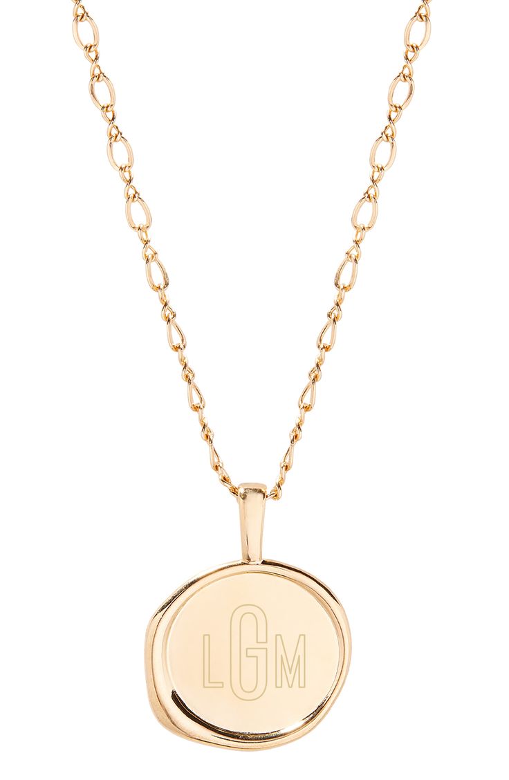 Personalize your look with this monogram-etched pendant necklace plated in polished 14-karat gold. 20" length; 2" extender; 7/8" pendant drop 14k-gold plate Made in the USA Classic Yellow Gold Medallion Necklace, Classic Gold Plated Initial Pendant Necklace, Classic Gold Charm Necklace With Monogram, Yellow Gold Medallion Necklace With Initial Pendant, Yellow Gold Initial Necklace With Monogram, Gold Engraved Initial Pendant Medallion Necklace, Gold Medallion Necklace With Engraved Initial Pendant, Yellow Gold Monogram Pendant Charm Necklaces, Yellow Gold Monogram Pendant Charm Necklace