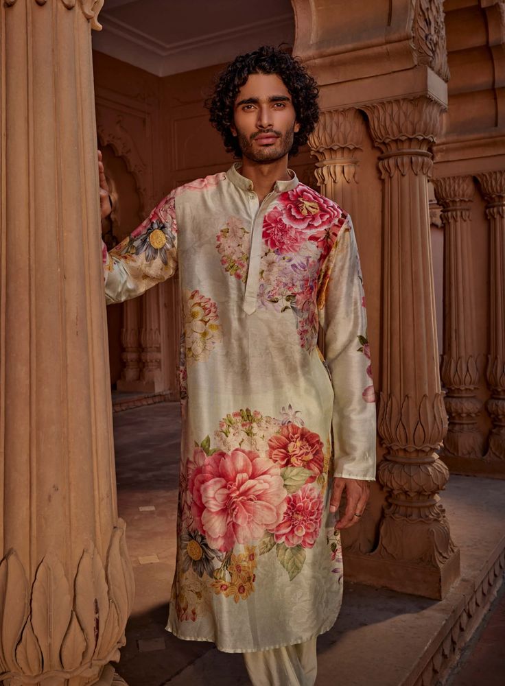 Featuring a vibrant kurta with multicolor big floral design in chanderi base, styled with a coordinated churidar. Big Floral, Straight Kurta, Female Model, Churidar, Full Sleeves, Mandarin Collar, Aza Fashion, Model Height, Full Sleeve