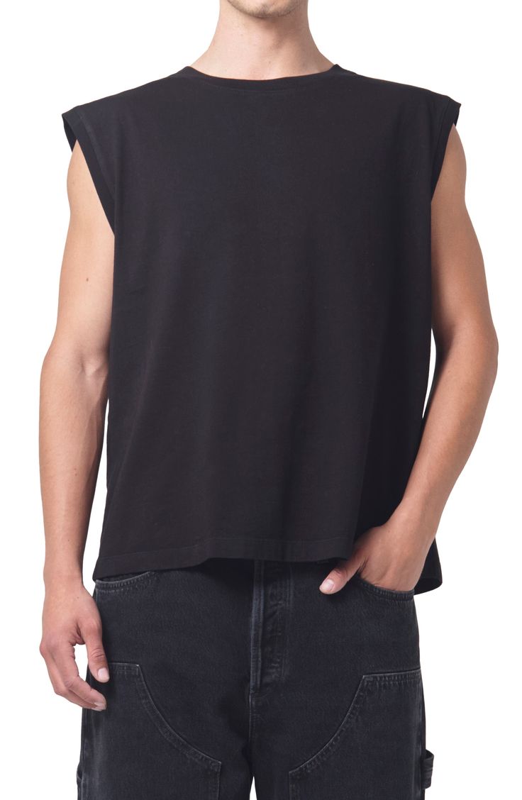 A roomy fit and a lightweight cotton construction make this muscle T-shirt an ideal choice for laid-back days. 25 1/2" length (size Medium) Crewneck 100% cotton Machine wash, tumble dry or line dry Made in the USA of imported fabric Black Relaxed Fit Muscle Tee For Everyday, Cotton Graphic Muscle Tee With Crew Neck, Cotton Graphic Muscle Tee For Streetwear, Relaxed Fit Cotton Muscle Tee With Crew Neck, Basic Cotton Crew Neck Muscle Tee, Black Crew Neck Muscle Tee In Athleisure Style, Black Crew Neck Muscle Tee, Athleisure Style, Black Crew Neck Muscle Tee For Athleisure, Black Crew Neck Muscle Tee