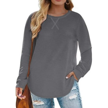 Fantaslook Oversized Sweatshirts for Women Crewneck Tunic Tops Casual Long Sleeve Shirts This plus size sweatshirts for women use skin-friendly soft fabric comfortable to wear. Womens sweatshirt features crewneck, long sleeve, pullover, tunic tops, oversized sweatshirts, curved hem, loose fit style. It is a basic tops to add to your wardrobe in fall and winter, offering a loose fit and long sleeves for a cozy and relaxed feel. You will never out of style for this crewneck sweatshirts, making the Fall Crew Neck Blouse With Relaxed Fit, Oversized Crew Neck Blouse For Fall, Relaxed Fit Crew Neck Blouse For Fall, Crew Neck Solid Color Blouse For Fall, Casual Gray Crew Neck Long Sleeve Top, Gray Crew Neck Long Sleeve Top Casual, Solid Color Crew Neck Blouse For Fall, Casual Oversized Plain Blouse, Fall Loose Fit Plain Blouse