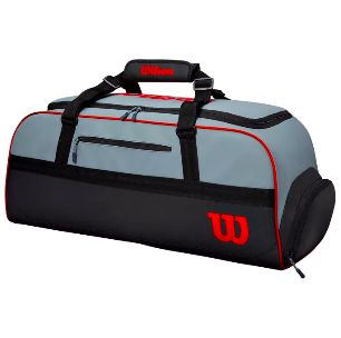 a large gray and black duffel bag with the university of wisconsin logo on it