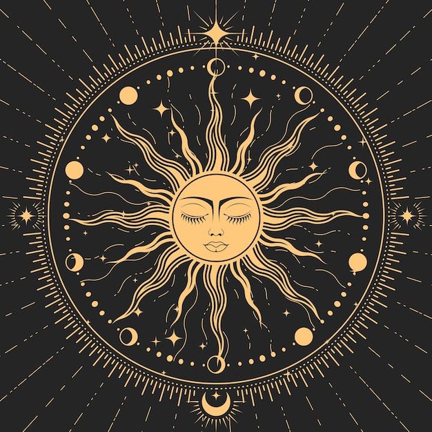 the sun with its face surrounded by stars and moon phases on a black background illustration