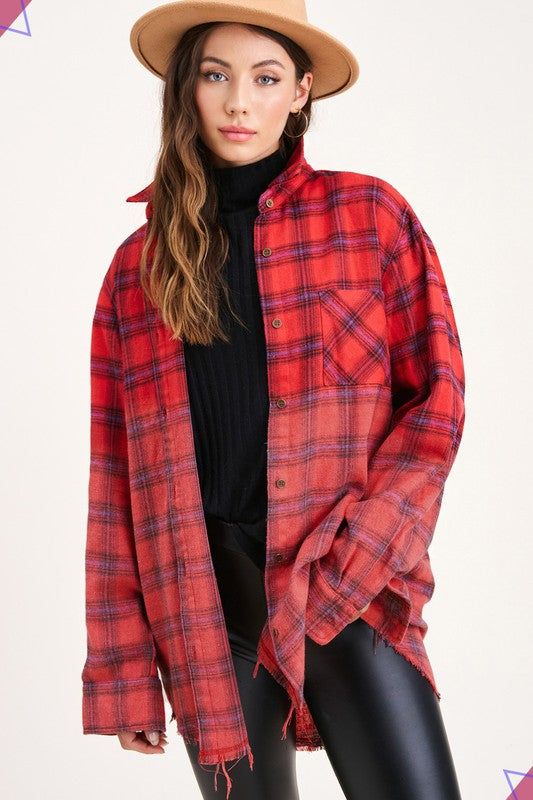 Give your outfit a classically cool finish with our Oversized Flannel Shirt that has a vintage look. It will quickly become your new go-to piece! Lightweight fabric shapes this shirt that has a collar neckline and long sleeves with button cuffs. Oversized bodice has front chest pocket, Sleeve Length - S: 24", M: 25", L: 26" Shoulder - S: 19", M: 20", L: 21" Fabric Contents: 60% Polyester, 40% Cotton Non-stretch fabric Non-sheer fabric Care Instructions: Machine wash cold, gentle cycle, tumble dr