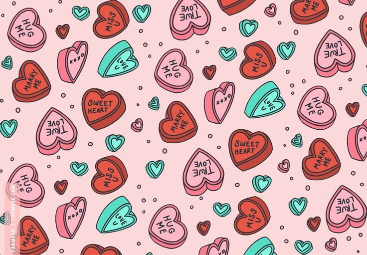 many hearts with words on them are drawn in pink and blue colors, while the background is