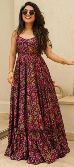 Purple and Violet color Gown in Rayon fabric with Digital Print work Long Gown Dress Long Gown Dress From Saree, Indian Maxi Dress, Indian Maxi, Engagement Reception, Reception Lehenga, Party Wear Gown, Fashion Design Patterns, Violet Color, Waist Chain