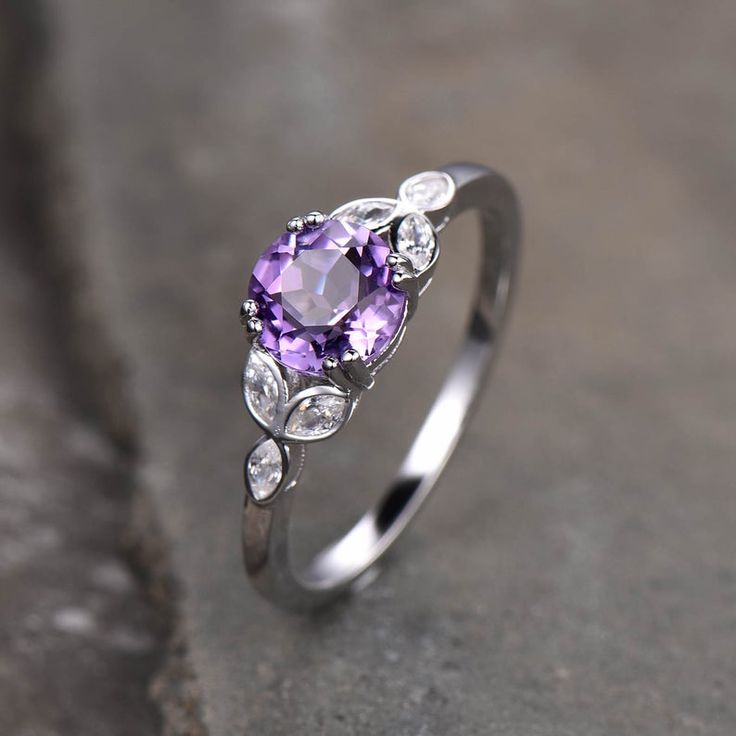 Amethyst Ring February Birthstone Amethyst Engagement Ring | Etsy Purple Amethyst Diamond Ring, Purple Amethyst Diamond Ring With Prong Setting, White Gold Amethyst Ring With Gemstone Accents, Amethyst Open Ring With Accent Stones, Purple Amethyst Birthstone Ring With Gemstone Accents, Purple Amethyst Rings With Gemstone Accents, Purple Amethyst Rings With Center Stone, Purple Open Ring Birthstone For Anniversary, Purple Amethyst Cluster Ring With Gemstone