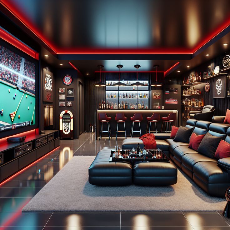 Step inside this sleek, modern man cave with a striking black and red color theme. It's furnished with a leather sofa, a colossal curved screen TV, a top-class billiards table, a vintage jukebox, a well-stocked mini bar, and chic bar stools. The shine of neon lights casts a cozy yet vibrant allure on sports memorabilia each telling a story. 

#ManCave #InteriorDesign #HomeDecor #ModernDesign #EntertainmentRoom #GameRoom Man Cave Luxurious, Man Cave Black Walls, Gaming Room Man Cave, Modern Man Cave Ideas Interior Design, Man Cave Gaming Room, Modern Man Cave Design, Man Cave Game Room Ideas, Basement Hangout Room, Luxury Man Cave