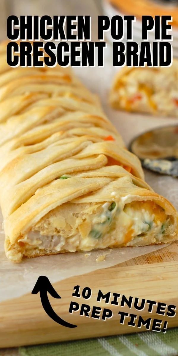 the chicken pot pie crescent bread is cut in half and ready to be eaten with text overlay