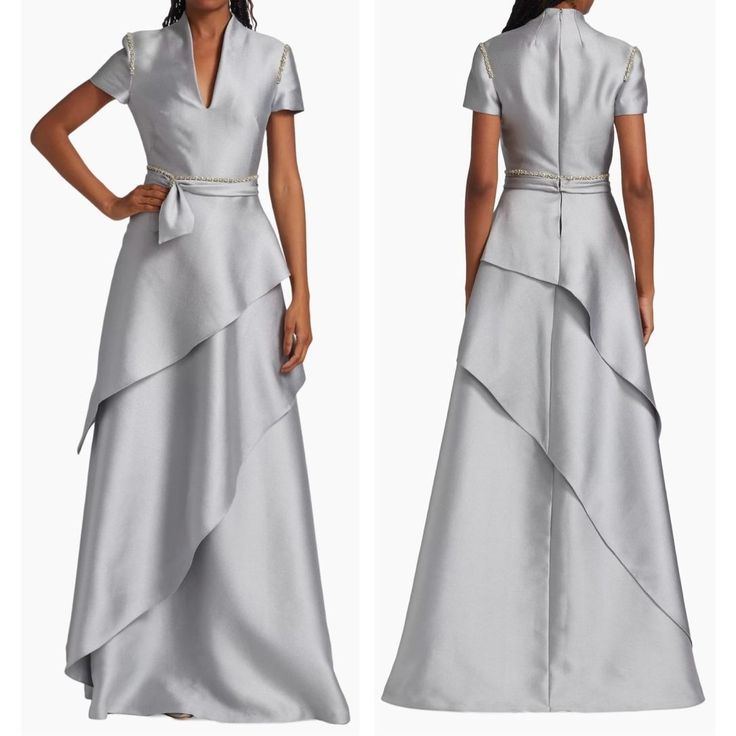 Reem Acra Tiered Short-Sleeve Gown Pristine Condition No Signs Of Wear Size Xs $2395 Details Designed In A Floor-Length, This Reem Arca Gown Is Finished With A Tiered A-Line Skirt. Stand Collar V-Neck Short Sleeves Tie-Waist Back Zipper Closure 100% Polyester Dry Clean Made In Usa Size & Fit About 62" From Shoulder To Hem Our Products Are 100% Genuine. In All Cases We Stand By The Authenticity Of Every Product Sold. Our Clothing, Handbags, Shoes May Have A Black Or Red Line Strikethrough Label. If Strikethrough Is Present, The Item Was Purchased From A Private Event Sale And Was Placed By The Company To Prevent Store Returns. If You Have Any Concerns Or Questions Please Reach Out To Us. C Short Sleeve Gown With Fitted Bodice For Gala, Formal Short Sleeve Embellished Dresses, Cocktail A-line Fitted Gown, Satin Evening Dress With Fitted Bodice And Short Sleeve, Elegant Short Sleeve Maxi Dress For Cocktail, Fitted V-neck Gown, Elegant Full-length Spring Gown, Fitted Gown With Short Sleeves, Elegant Fitted Full Length Mother Of The Bride Dress