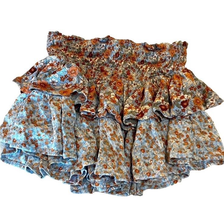 Ultra Flirt Boho Mini Floral Skirt Women’s Size Medium Blue Elastic Waist, Super Cute For Sprint And Summer Has Built In Shorts(Pictured) And A Multi Elastic Waist Bohemian Short Mini Skirt For Spring, Orange Floral Print Skirt, Orange Tiered Skirt For Spring, Bohemian Mini Length Bottoms With Floral Print, Orange Ruffled Tiered Skirt Bottoms, Bohemian Skort For Summer, Orange Ruffled Skirt For Summer, Orange Ruffled Flowy Skirt, Orange Ruffled Skirt For Spring