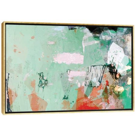 an abstract painting with green and pink colors