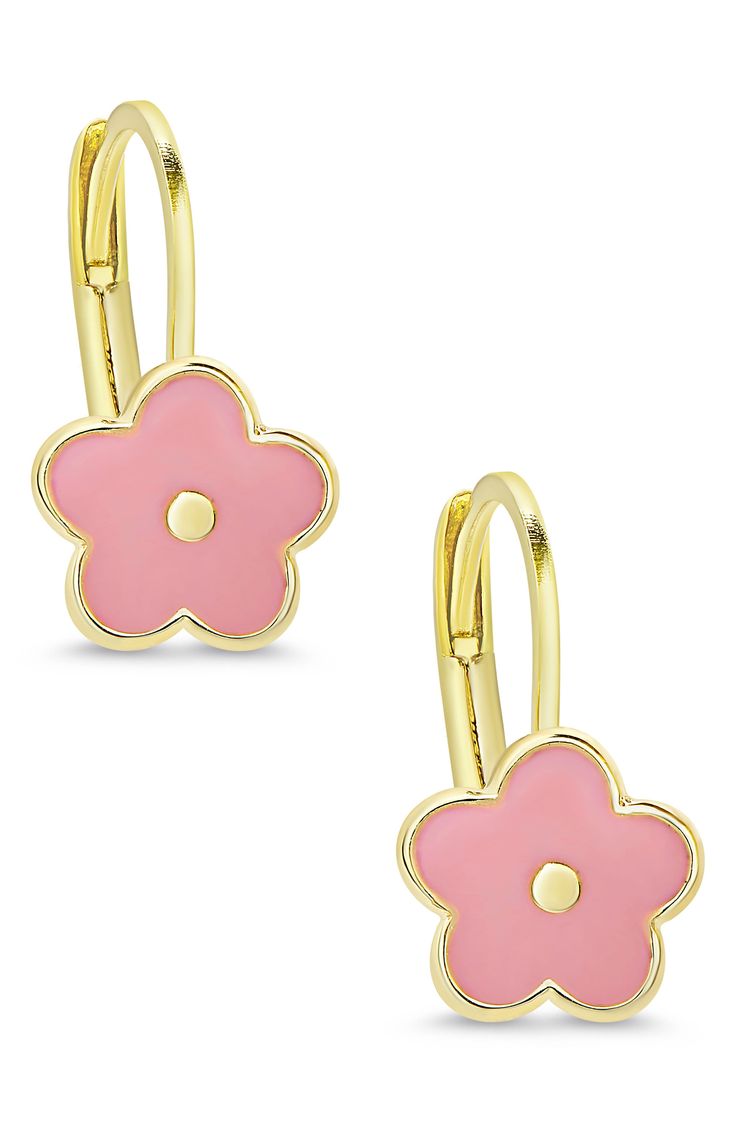 Add an extra touch of charm to your little one's look with this pair of flower earrings in an adorable drop silhouette. Adult supervision strongly recommended; jewelry presents choking hazard and should be removed when infant or small child is unattended 1/2" drop; 1/4" width Lever-back closure Goldtone plate/enamel Imported Cute Hypoallergenic Flower-shaped Jewelry, Cute Hypoallergenic Earrings, Nickel-free Flower-shaped Earrings For Mother's Day, Flower-shaped Nickel-free Earrings For Mother's Day, Nickel Free Flower Shaped Earrings For Mother's Day, Adjustable Hypoallergenic Flower-shaped Jewelry, Cute Jewelry With Flower Charm For Mother's Day, Cute Gold Flower-shaped Earrings, Cute Flower Shaped Jewelry For Mother's Day